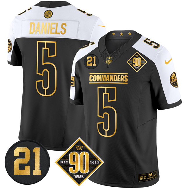 Men's Washington Commanders #5 Jayden Daniels Black Gold F.U.S.E. 90th & Sean Taylor Patch Vapor Limited Stitched Football Jersey Men's Washington Commanders #5 Jayden Daniels Black Gold F.U.S.E. 90th & Sean Taylor Patch Vapor Limited Stitched Football Jersey